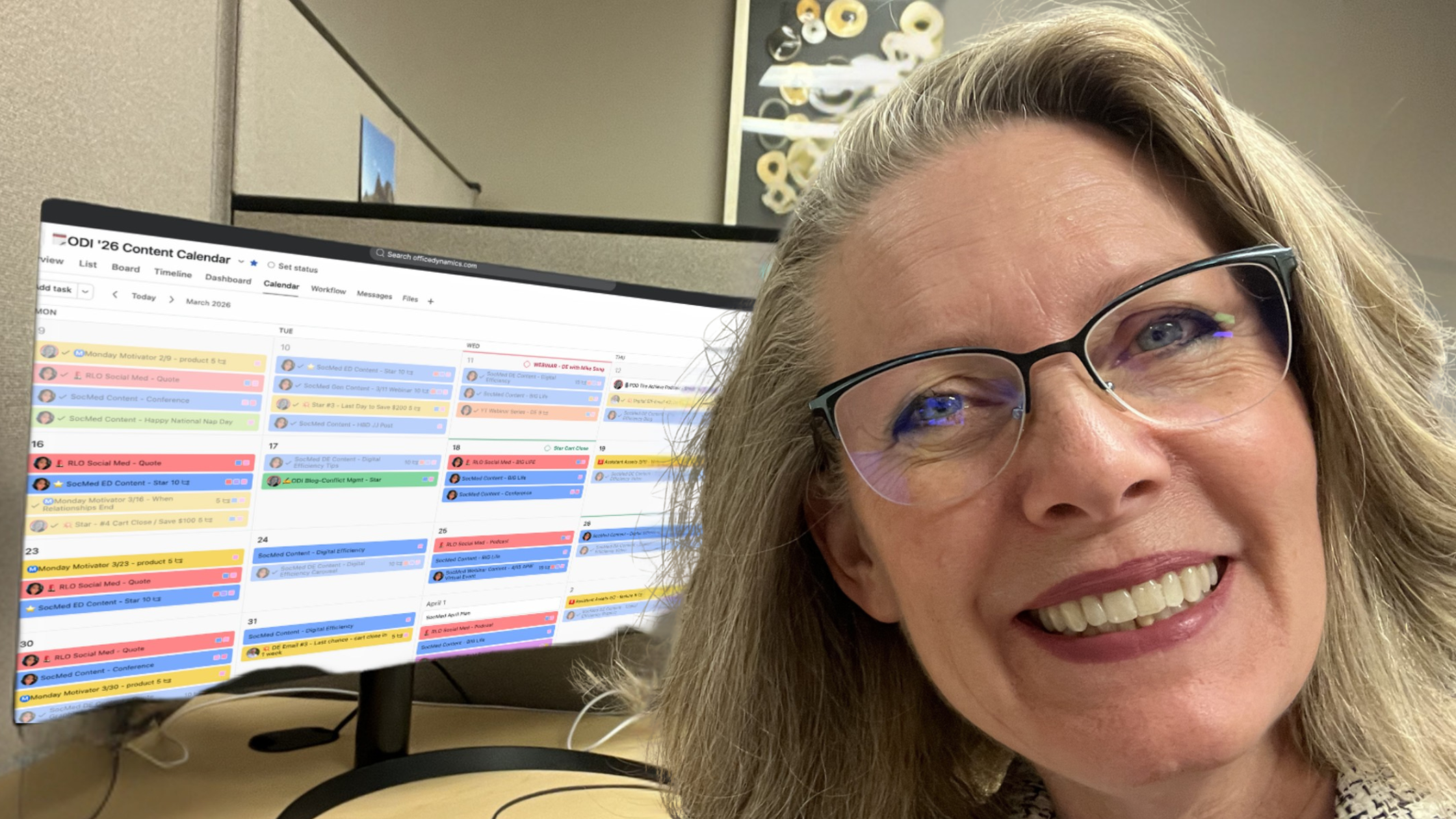 Jen in front of computer showing Content Calendar on screen